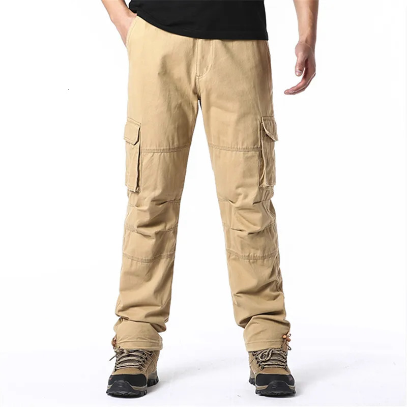 Large pocket loose mens outdoor sports jogging tactical pants elastic waist pure cotton casual work 250326
