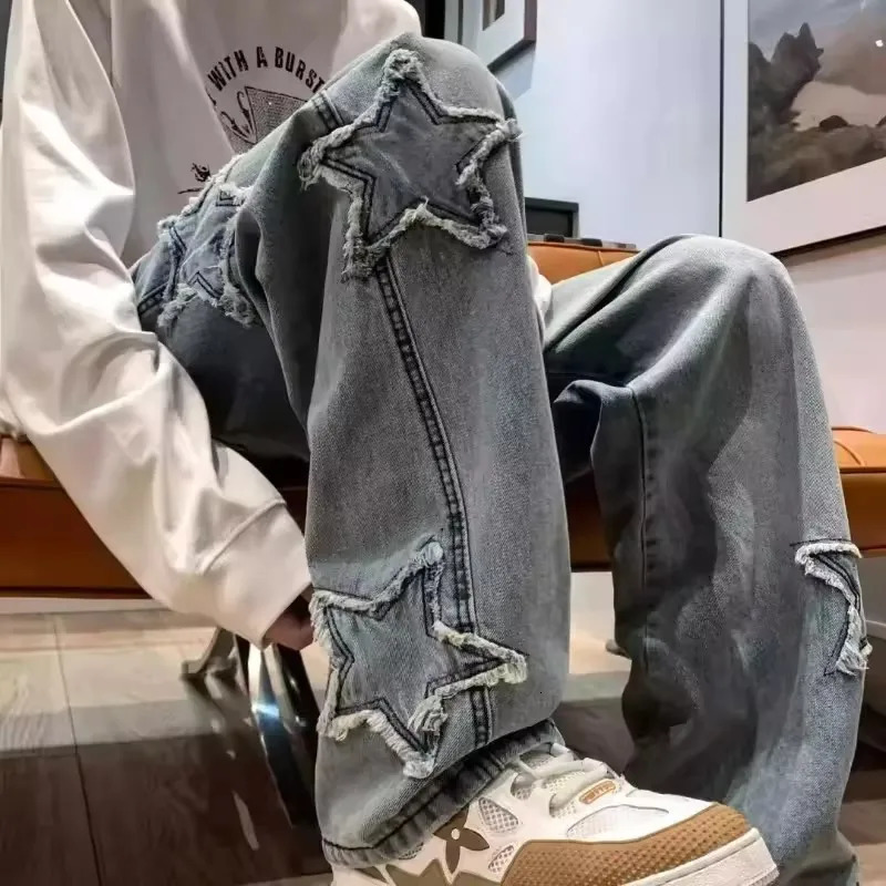 Stars Patchwork Mens Jeans Fashion Y2K Tassel Pants Korean Clothing Straight Hip Hop Splicing Street 250326