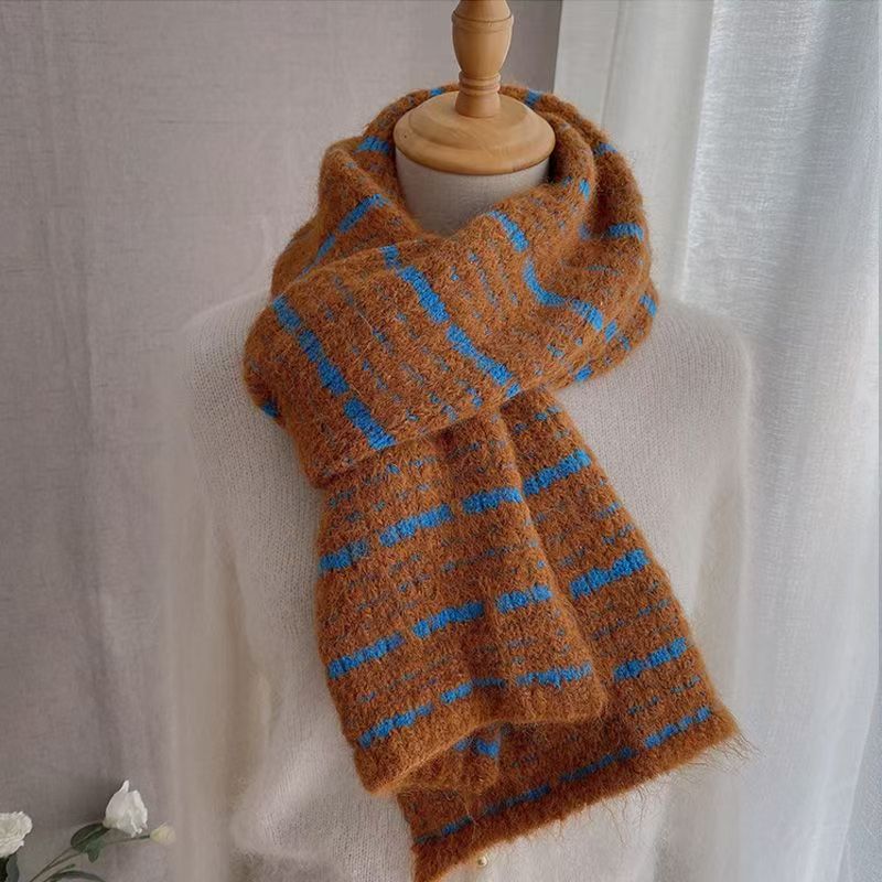 T357 striped simple versatile scarf 2025 new knitted wool scarf soft thick warm women