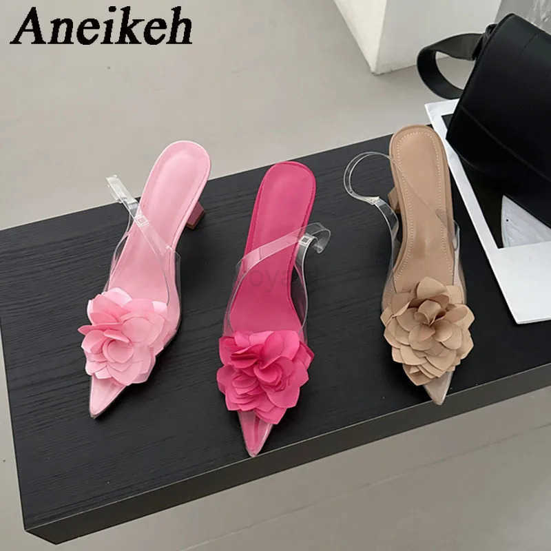 Aneikeh Wens Silk Flower Decorative Single Shoes 2025 Sexy Transparent PVC Pointed Slingbacks High H Par Dress Zapatos Z250326