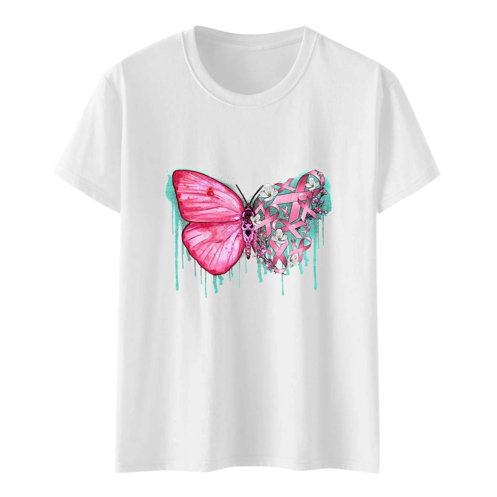 Ddmyshoesvip Breast Cancer Awareness Women T Shirt Cup Butterfly Ribbon Print Short Sleeve T Shirt Pink October Graphic Tees Tops
