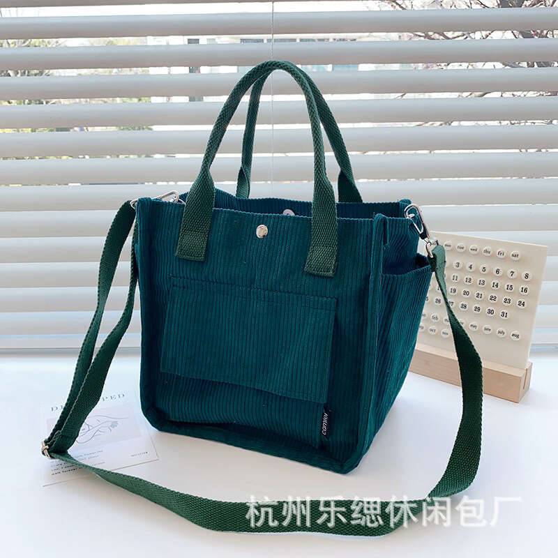 Autumn winter corduroy multi pocket bento lunch box bag, simple versatile, hand-held and crossbody tote bag