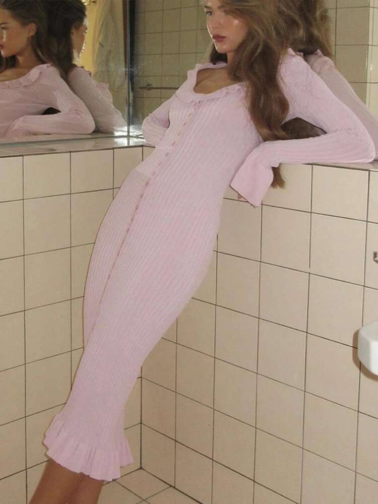 Knitted Women Maxi Dresses Elegant Ruffled Hem Long Butterfly Sleeve Single Breasted Female Dress 2025 Spring New Vacation Robes