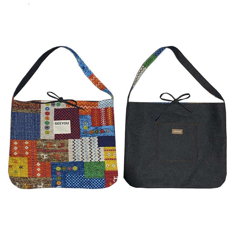 Du Home Non fading Spring/Summer Ethnic Style Patchwork Single Shoulder Large Capacity Crossbody Denim Double sided Bag