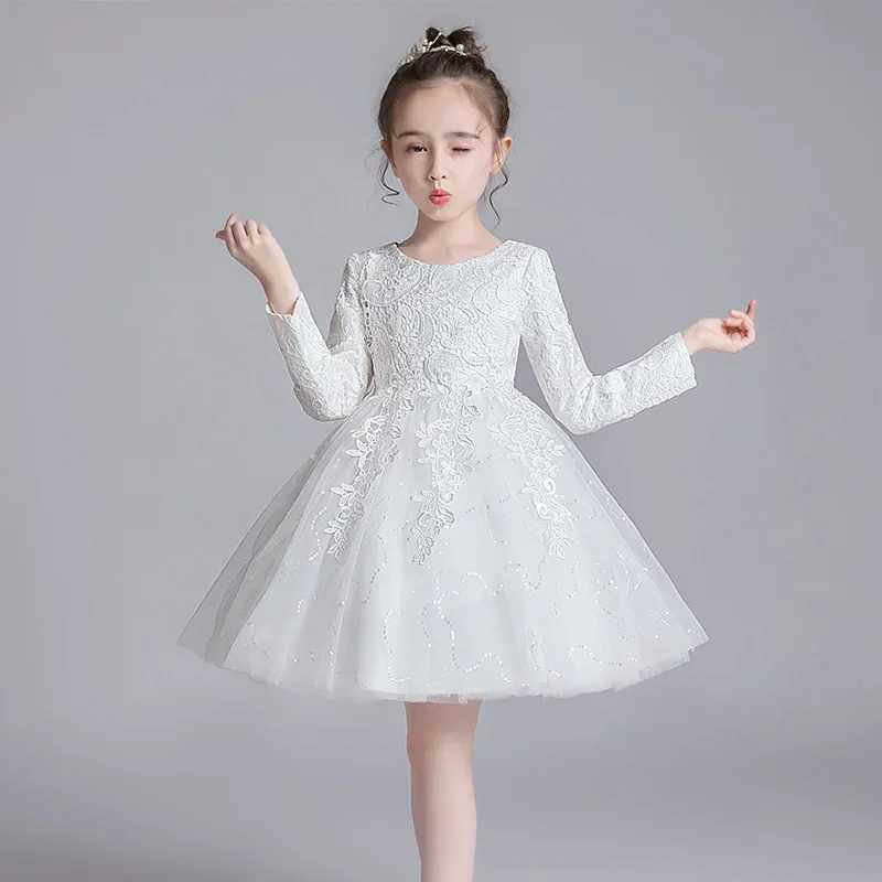 Fashion Flower Girl Dress for Weddings Lace Long Sleeve Childrens Bridal Dress Spring and Autumn Girls Par Dress 3-12 Years W250326
