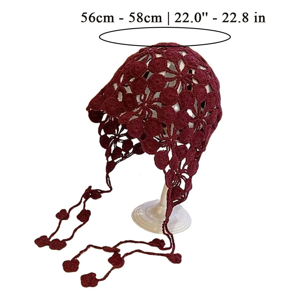 Fashion Handmade Crochet Hollow Knit Cap Women Girl Y2K Sweet Berets Retro Casual Turban Mesh Flower Pullover Hat Skullies Hat 250321