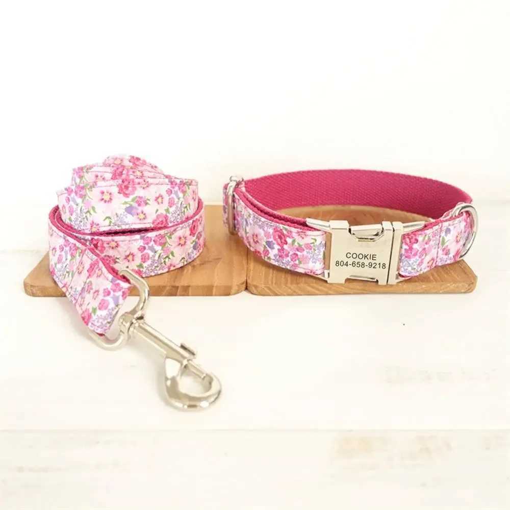 Personalized pet collar customized name ID tag adjustable pink flower cat dog collar lead strap X250326