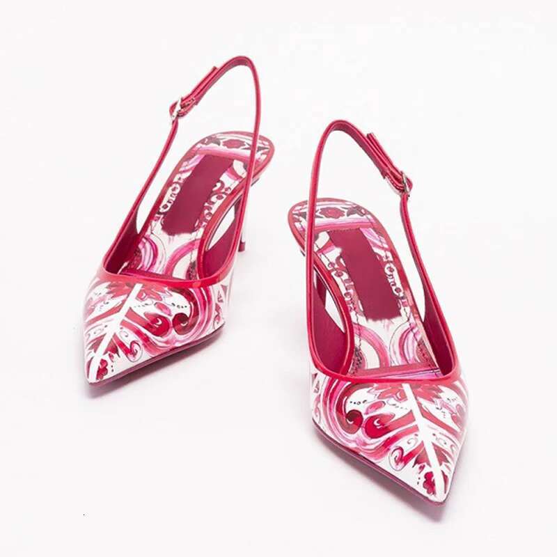 2024 Red Porcelain Thin High Pointed Toe Sgback Stiletto Heel Sandals Printing Ladies Shoe