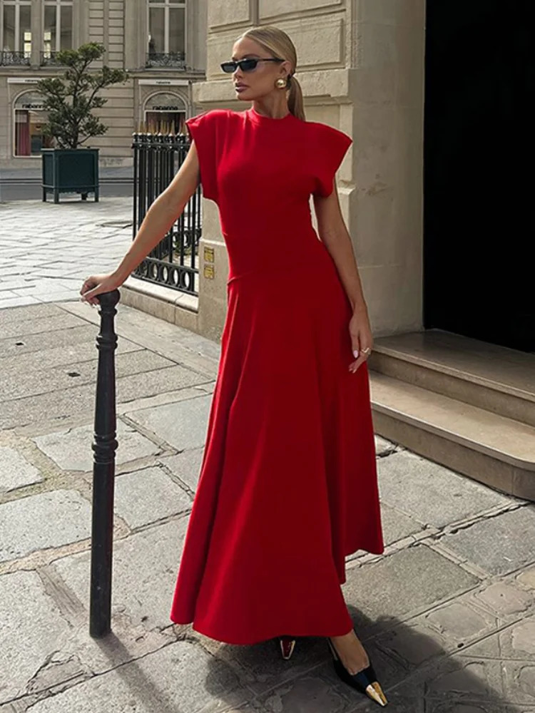 Chic Shoulder Pad Round Neck Solid Maxi Dress Women Elegant Sleeveless A-line Long Dresses Lady Fashion High Street Robes 250325