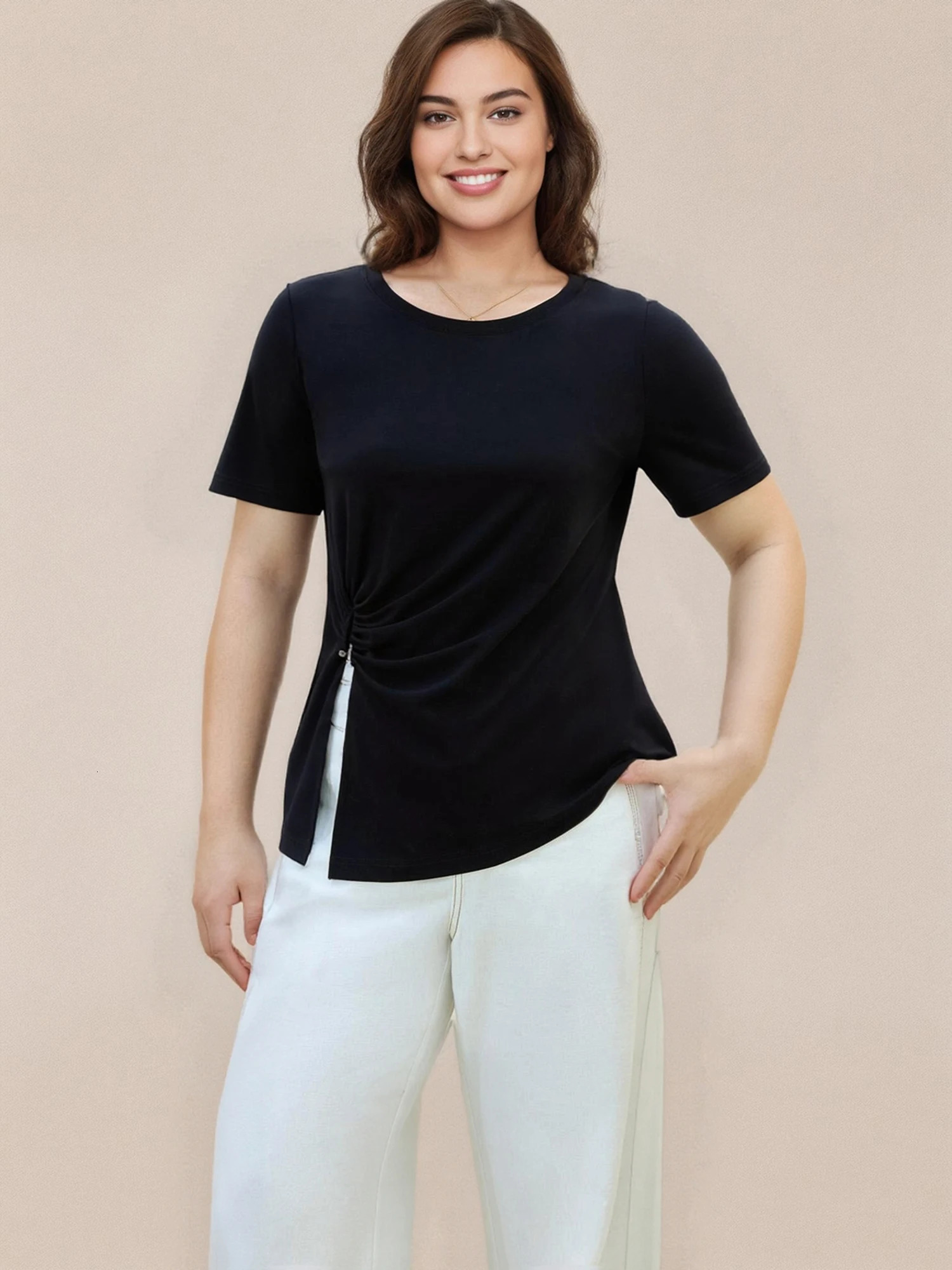 DUSHU Minimalist Cool Elastic T-shirt Summer Marketing Fashion Short Sleeve Versatile Tops for Women 25DS82086 250321
