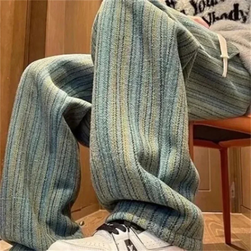mens striped wool straight leg Trouser classic Y2K retro pocket pants casual street fashion gym sports 250326
