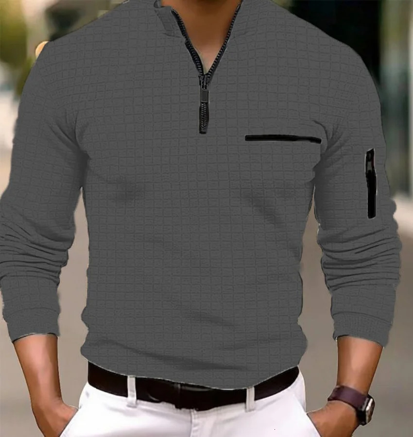 European and American mens sports casual shirt long sleeved checkered polo slim arm zipper 250326