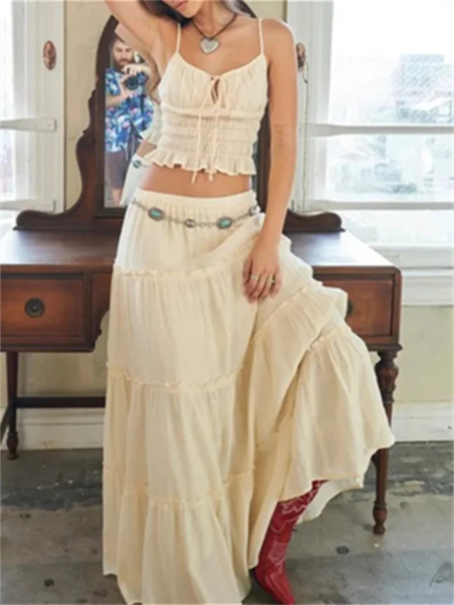 Womens Going Out Maxi Skirts Set Low Cut Lace Decoration Cami Top Crop Top High Waist Body Maxi Skirt 2PCS Set 250321