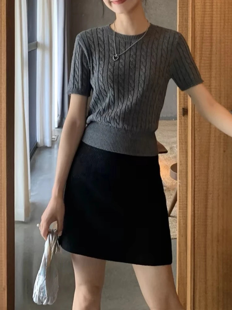 Womens Casual T-shirt O-neck Short sleeved Tuned Crop Top Ropa Mujer Summer Fashion Retro Korean T-shirt 250321