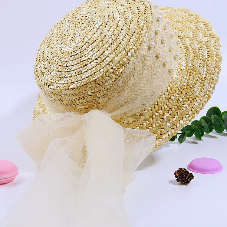 Elegant Fashion Mother Daughter Sunhats Lace Mesh Pearls Hat Cap Outdoor Beach Sunprotection Summer Straw Hat for Adult and Girl 250326