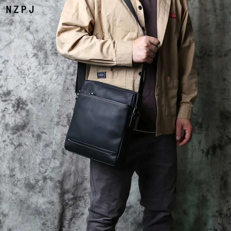 NZPJ Men's Shoulder Casual Large-Capacity Soft Leather Backpack Top Layer Cowhide Vertical Messenger Business Bag