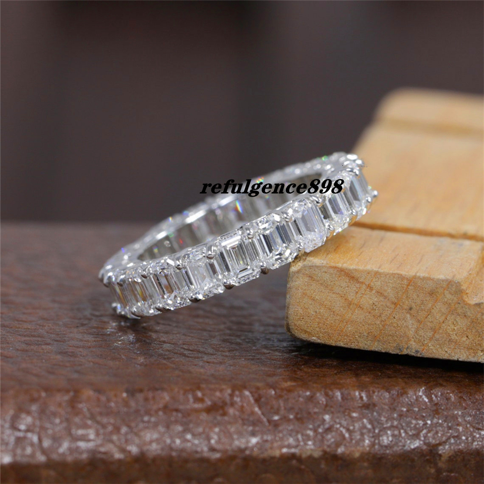 JY Jewelry 4*3MM Each Emerald Cut Lab Diamond Full Eternity Band Ring 14K 18K Real White Gold Pt950 CVD HPHT Diamond Womens Wedding Stackable Engageme