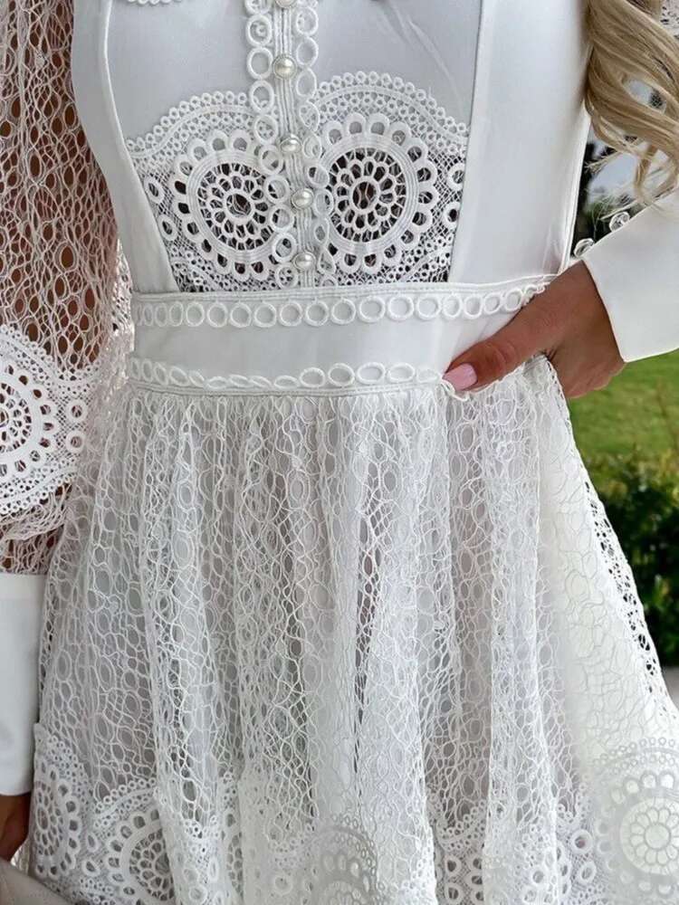 Spring Autumn New Solid Color Mini Dresses Women Sexy Hollow Out Lace Patchwork Short Dress Temperament Elegant Ladies Vestidos