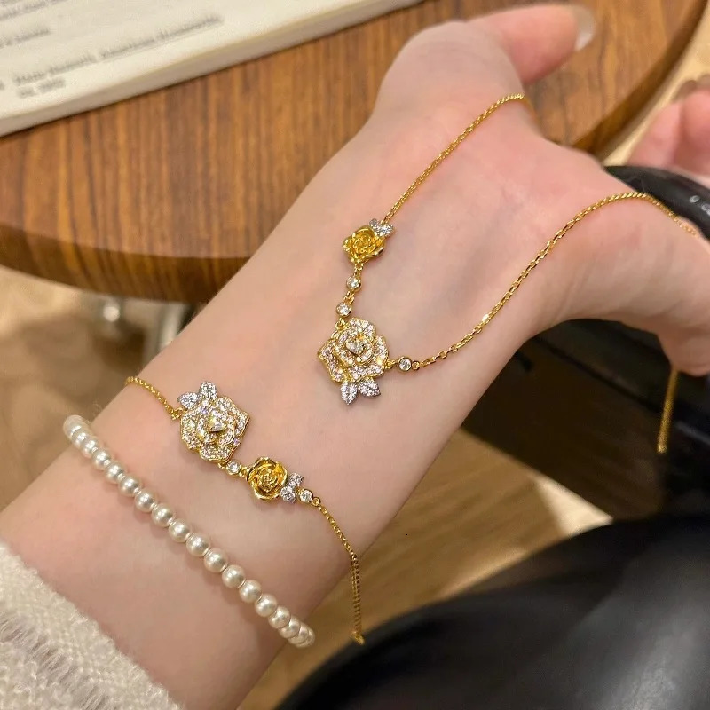 Romantic Sparkling Yellow Rose Jewelry Set Wedding Engagement Ring Inlaid Diamond Bracelet Necklace 250326