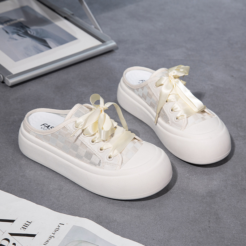 Designer Shoes 2025 Summer New Half Slippers White Thick Bottom Big Head Student Union Casual Hollow Cake Shoes Women's Checkered Printed Board S