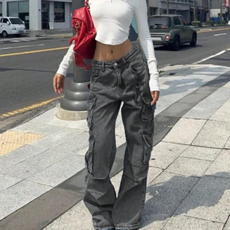 European and American retro style womens jeans loose fit slim fit high waist slimming straight leg pants work pants pocket pants 250321