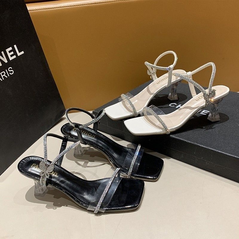 Transparent One Word Water Diamond Open toed Sandals 2025 New Summer Outerwear Slippers with Thin Heels and High Heels for Women