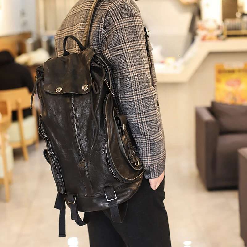 Men's Women Backpack Zipper Retro Old Leather Shoulder School Bag Fashion Dark Wind Soft Youth Black Travel Backpacks
