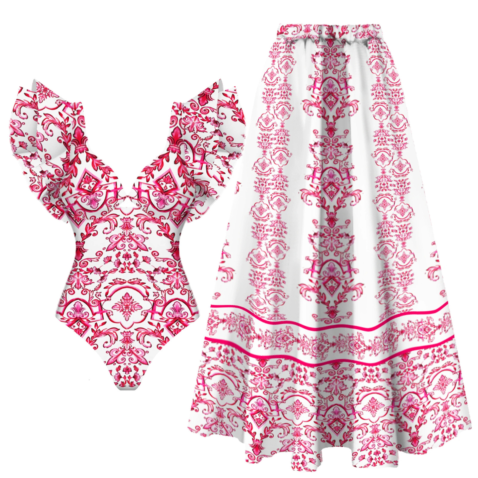 2Pcs Shoulder Ruffle Swimsuit With Skirt Women Sexy Swimwear Female Bikini Printed Biquini Swim Suit Deep V Bodysuit Beachwear 250324