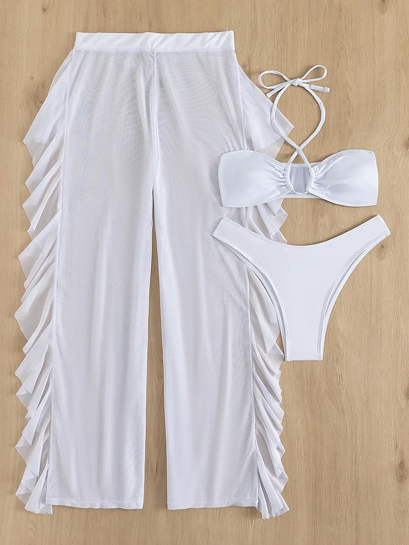 Plain Criss Cross Halter Bikini Set With Ruffle Pants Bandeau Swimsuit Women White Swimwear Female Bathing Suit Black 250324