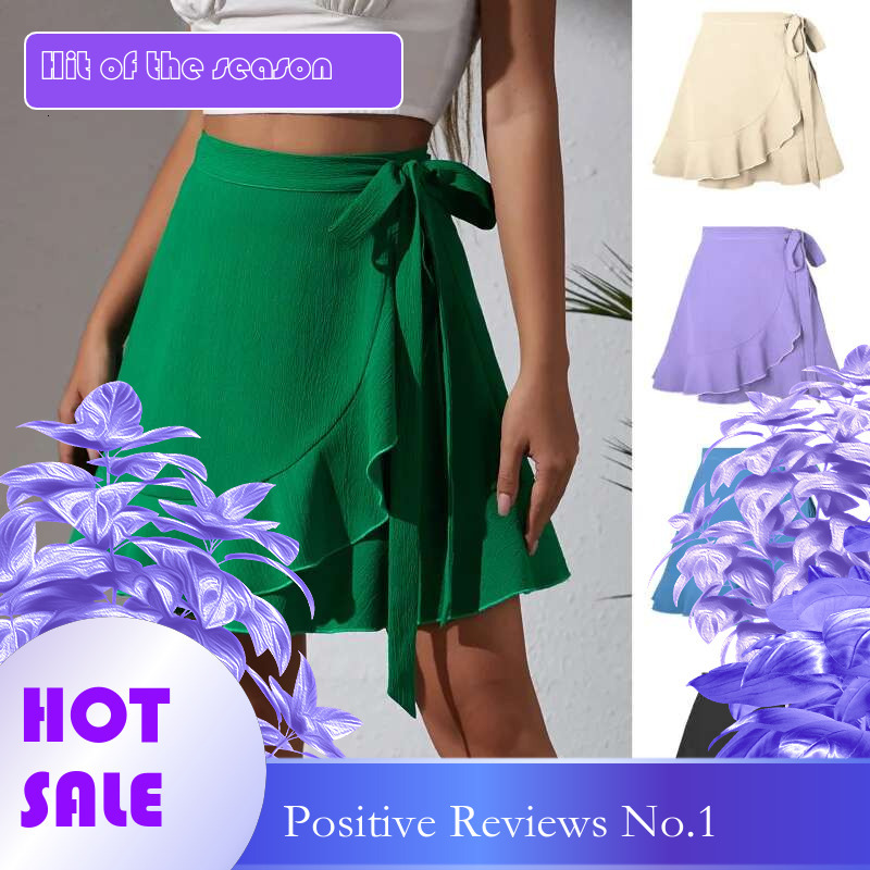 Dongdumaoyi Zomer Een Stuk Tie Taille Midi Rok Hoge Effen Kleur Ruche Zoom Korte Voor Vrouwen A