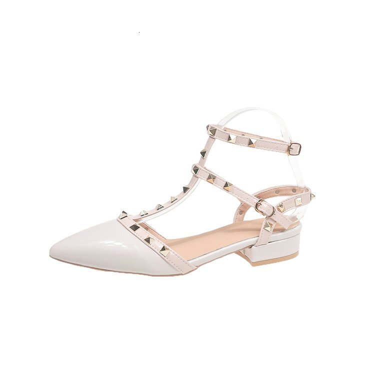 2025 Spring/Summer New Large Rivet Cap Sandals for Women, Pointed T-shaped with Thick Heel and Low Heel, Women's Shoes