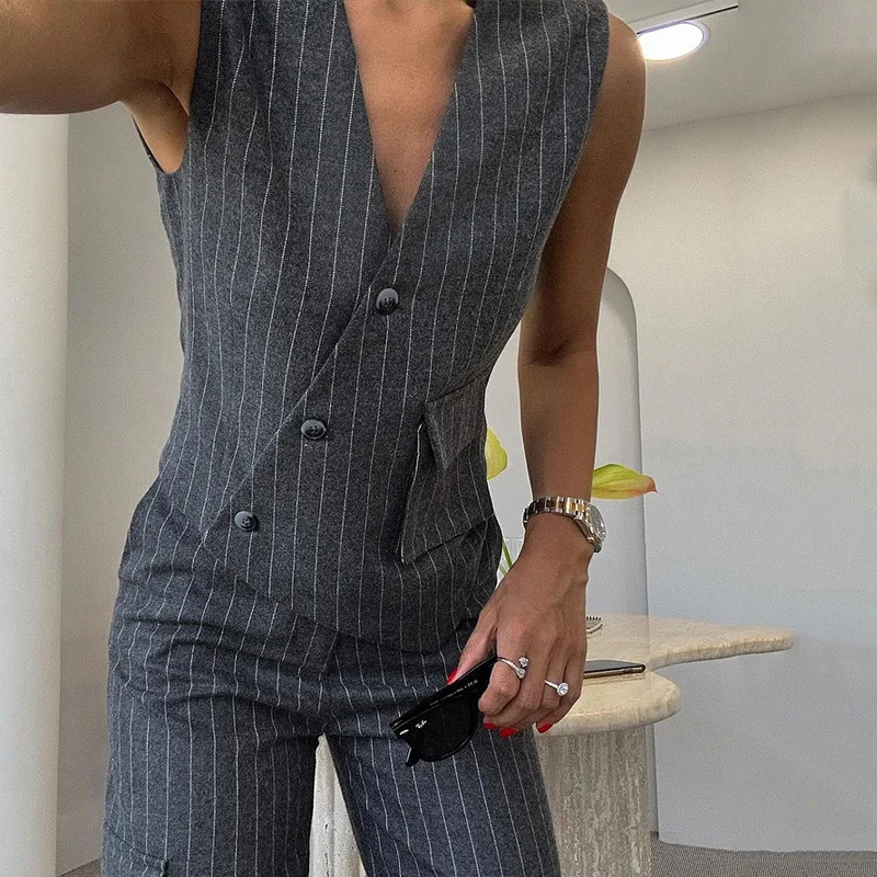Wefads Office 2-piece Womens Elegant Sleeveless Stripe Printed V-neck Irregular Single Chest Tank Top Straight Pants Set 250321
