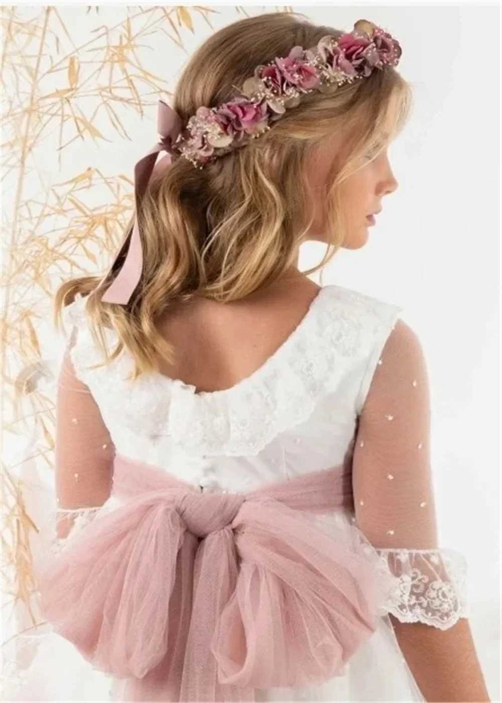 Elegant pastoral first communication dress floral girl dress bow waistband thin gauze decal wedding dress childrens birthday party dress W250326