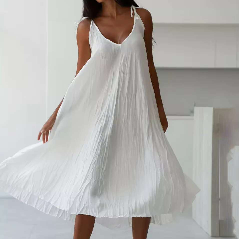 QINSI Casual Fashion White Dresses Woman V Neck Sleeveless Solid Maxi Sexy For Wrinkle Women Night Dress