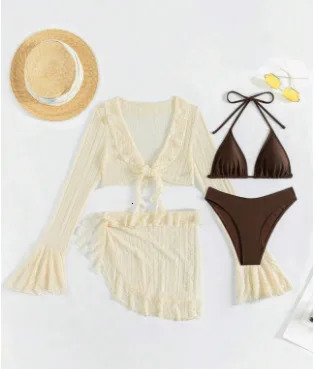 Women Solid Micro Mini String Bikini Sets 4 Pieces with Mesh Cover Tops and Skirt Swimsuit Bathing Suit Beach Outfits Biquini 250324