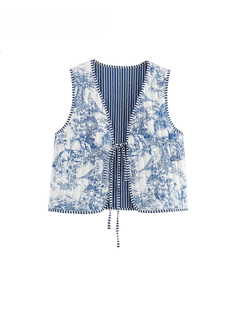 Autumn Women Vintage Printed Lace Up Sleeveless Quilted Padded Jacket Cotton Coat Vest Crop Top Y2K 250320