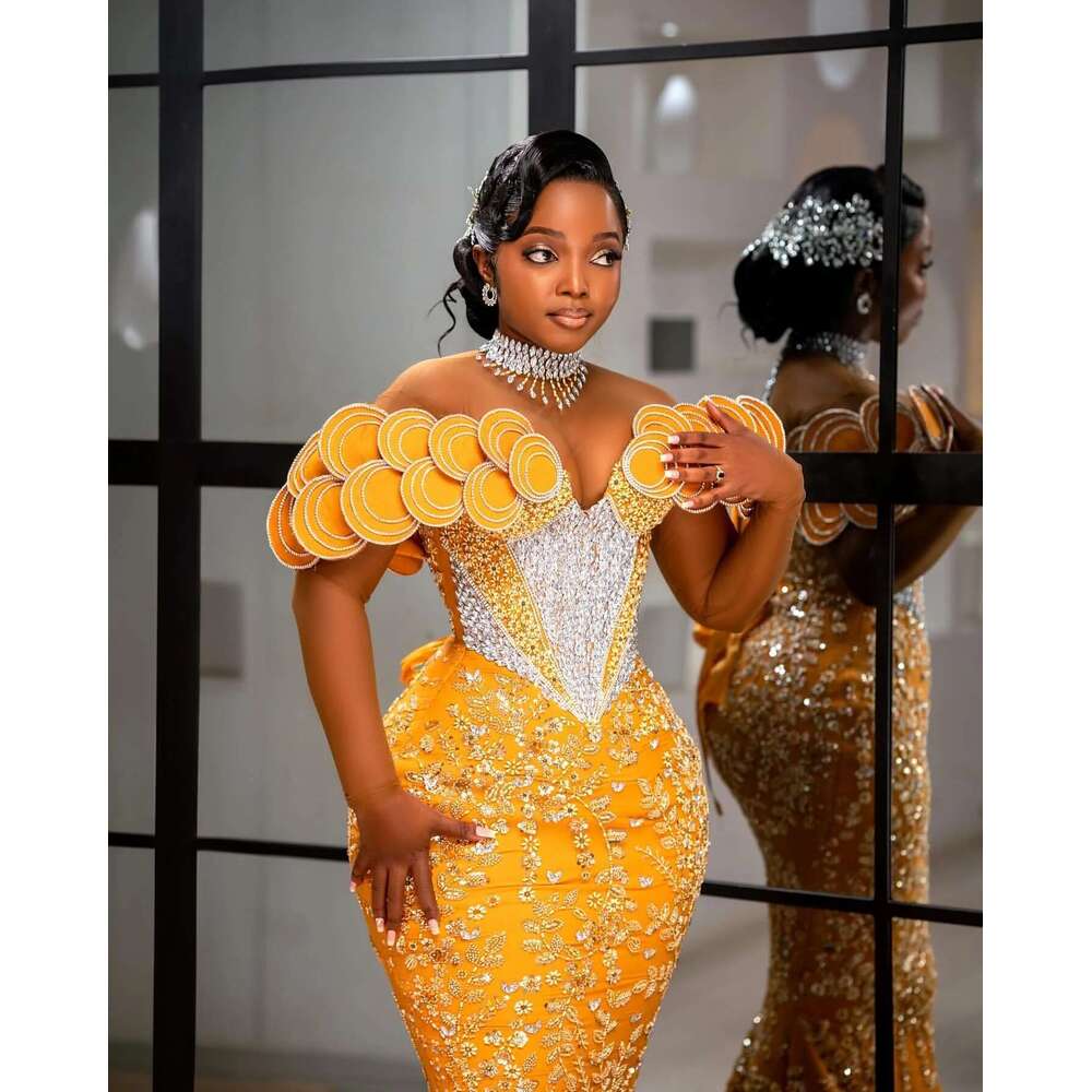 2024 Aso Ebi African Yellow Mermaid Prom Dresses Lace Rhies rals Evening Party Second Engagement Birthday Gowns Dress