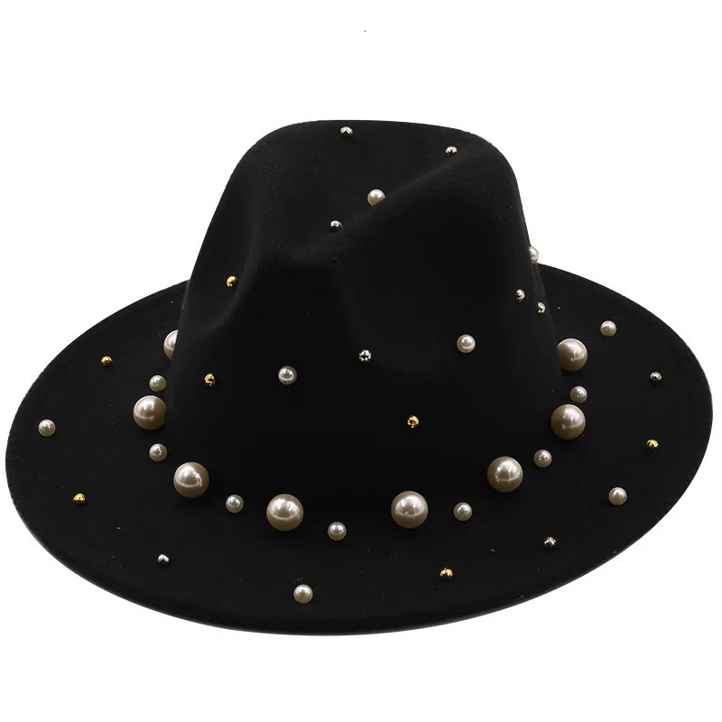 Spring and Autumn Womens Wide Brim Artificial Wool Felt Top Hat Pearl Decoration Jazz Party Wedding Brown Fedora Hat 250325