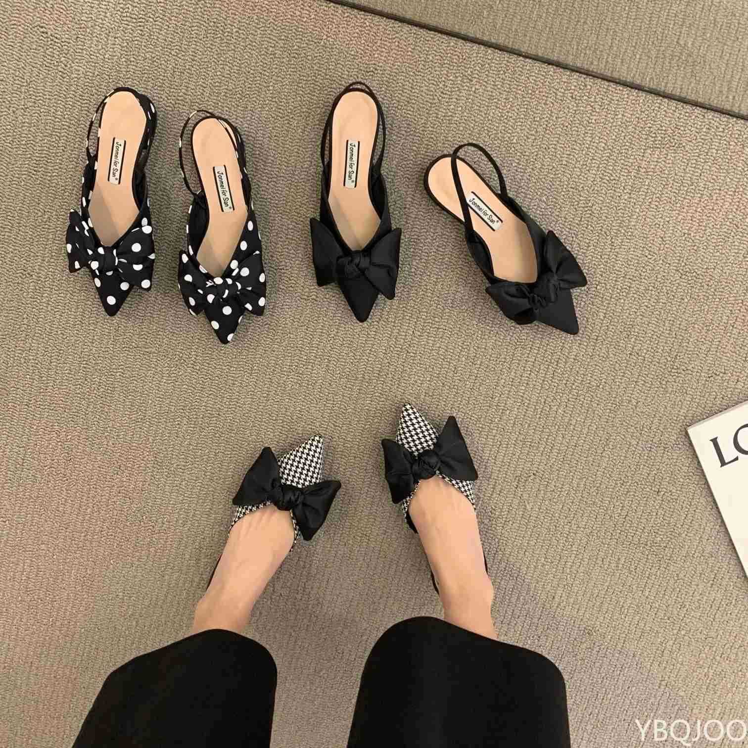 Bow Sandals Wen 2022 Summer Pointed Low Heel Sandals Wen Fashion Baotou Thin Strap Sandals High H Sandalias De Mujer Z250326