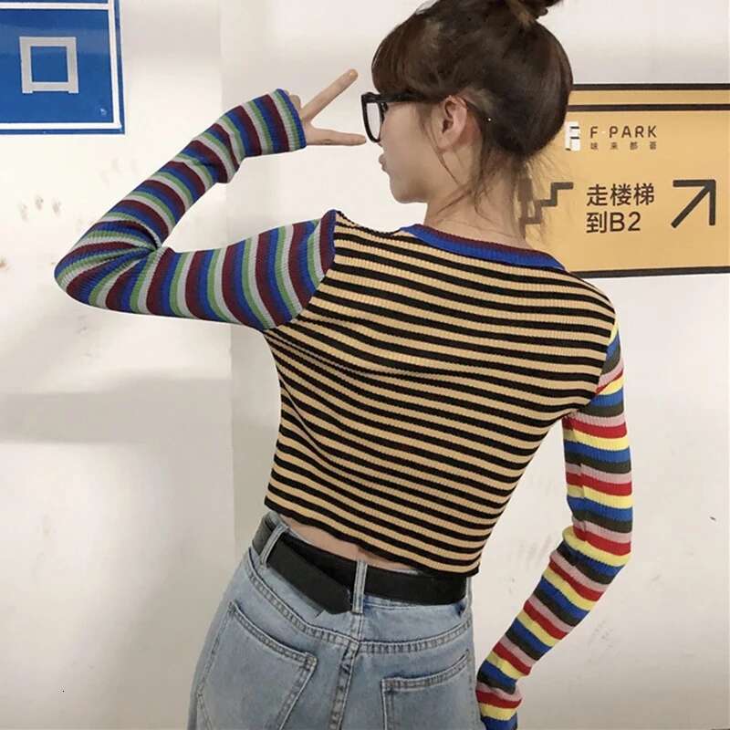 Ddmyshoesvip Striped Knitted Autumn Women Student Wind Casual Wild Slim Short T Shirt Female Crop Tops Long Sleeve T Shirts