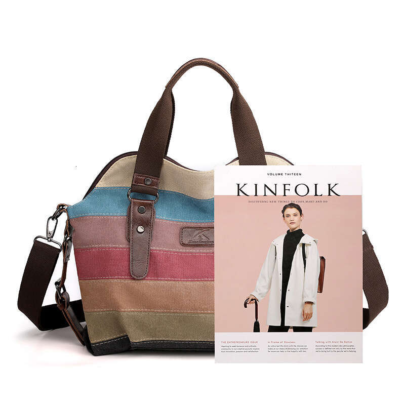 b9 2025 New Canvas Casual Fashion Art Academy Single Shoulder Diagonal Span Large Capacity Women's Color Contrast Splicing Bag
