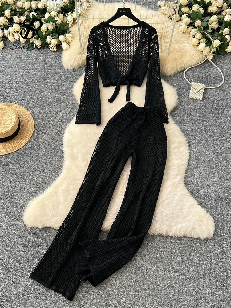 SINGREINY 2025 Summer Hollow Out Beach Sets Women Lace Up Short CardigansElastic Wide Legs Long Pants Bohemian Two Pieces Suits 250324