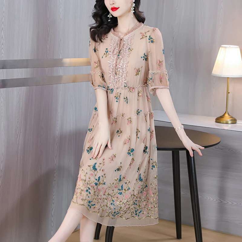 Women ral Natural Silk Embroidery Midi Spring Summer Fahsion Casual Beach Maxi Sundress Elegnat Loose Dress