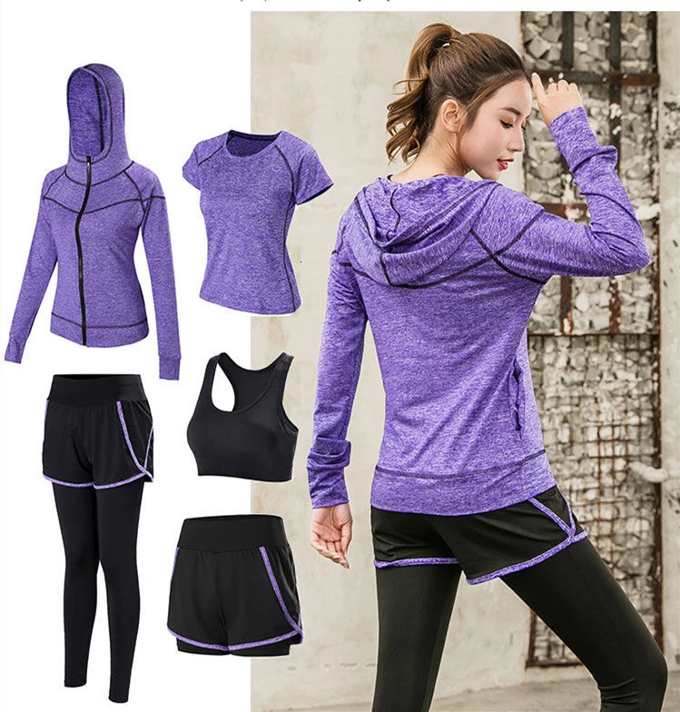 Sports 5pcs Set Women Sports Suit Yoga Tights Quick Dry Sportswear Workout Gym Fitness Tracksuit Clothes 250320