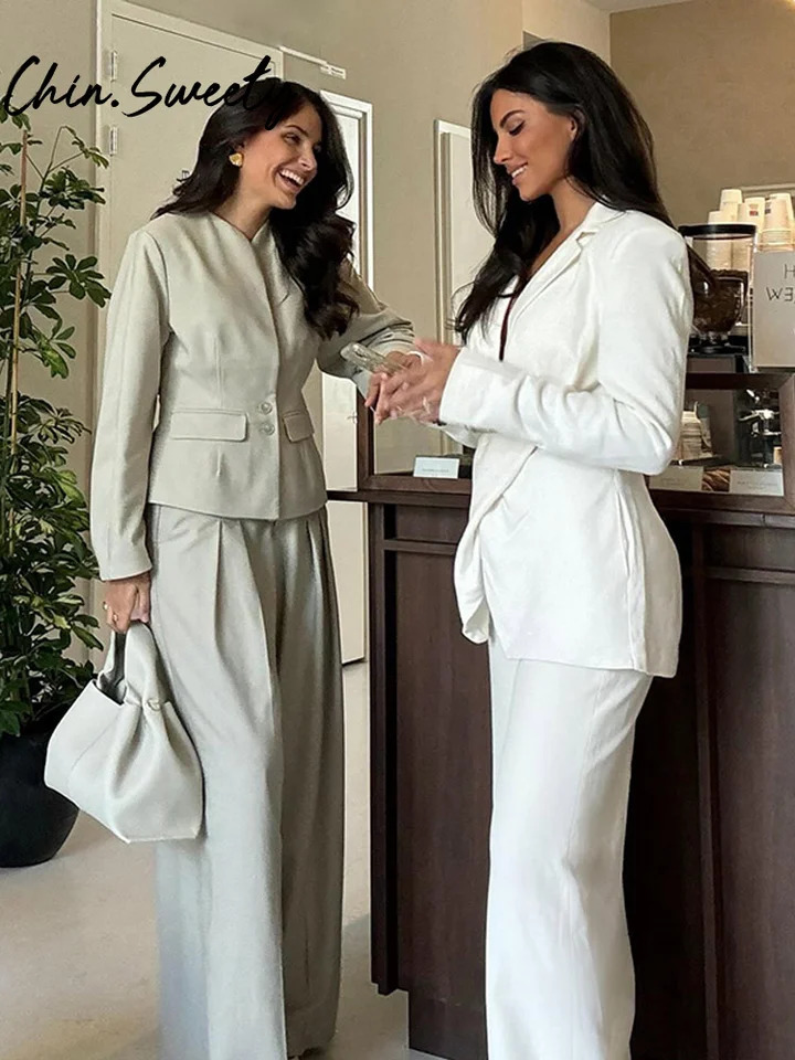 Elegant Solid Set Womens 3-Piece O-Collar Button Jacket Tube Tie Top Wide Leg Trouser Spring/Summer Fashion Womens Wear 250321