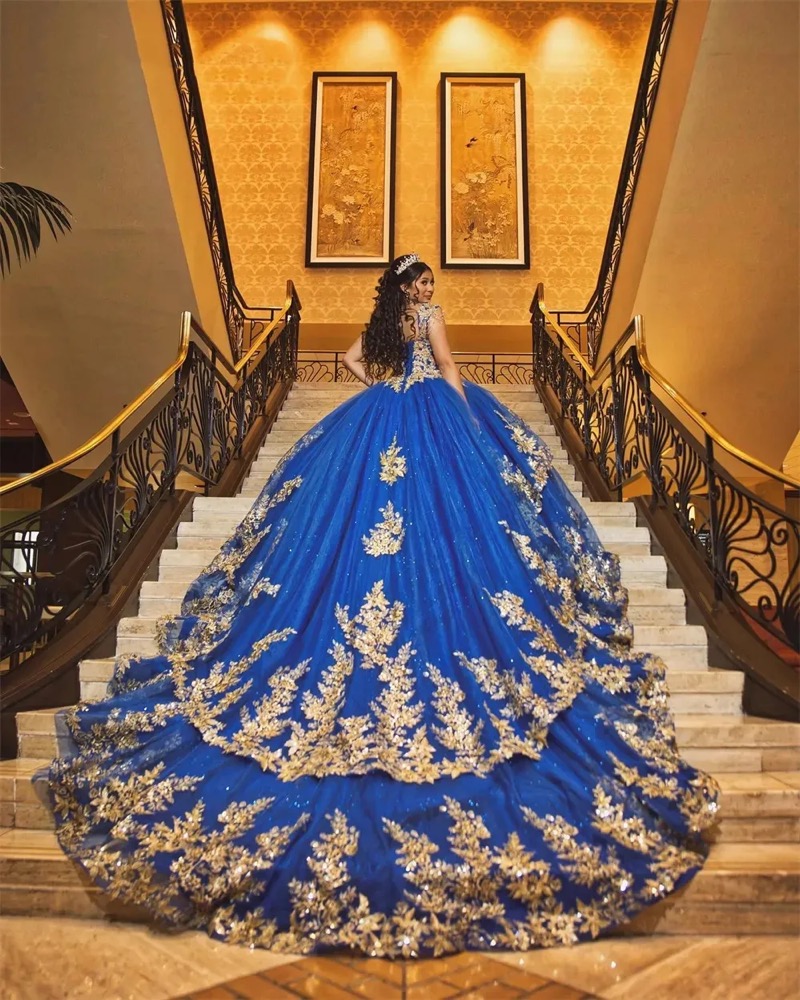 Mexican Royal Blue Quinceanera Dresses Ball Gown Gold Beaded Appliques Sweet 16 Dress Princess Lace Up Vestido De 15 Anos
