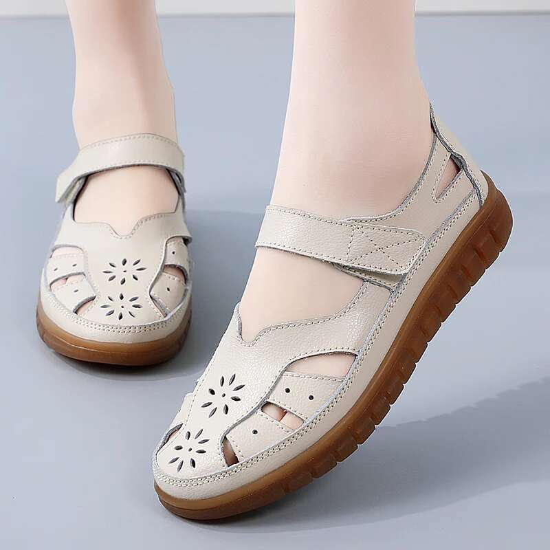 2025 Summer New Women's Breathable Leather Sandals, Women's Comfortable Designer Fashion Flat Shoes, Walking Slippers, Open toed Beach Women