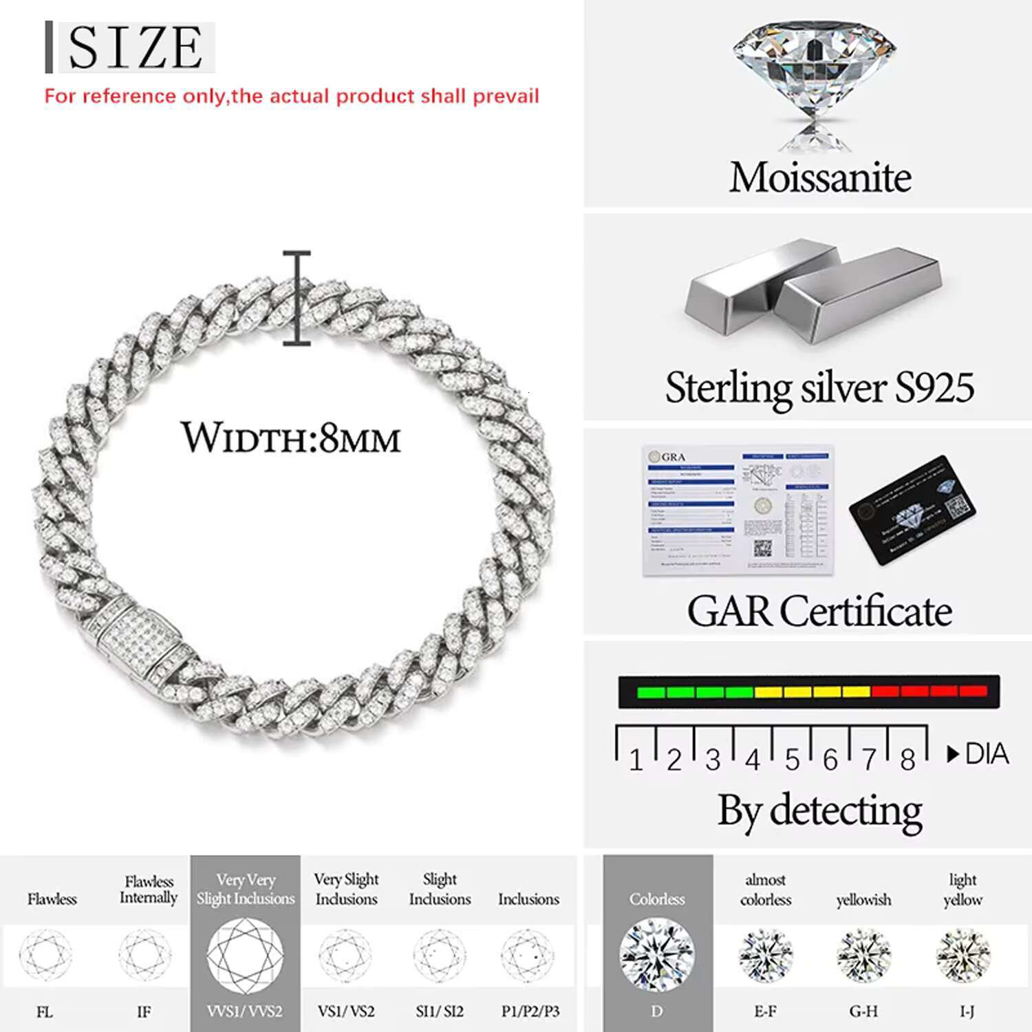 6mm-20mm Pass Diamond Tester 925 Sterling Silver Full Vvs Moissanite Iced Out Cuban Link Anklet Bangle Bracelet for Men Women