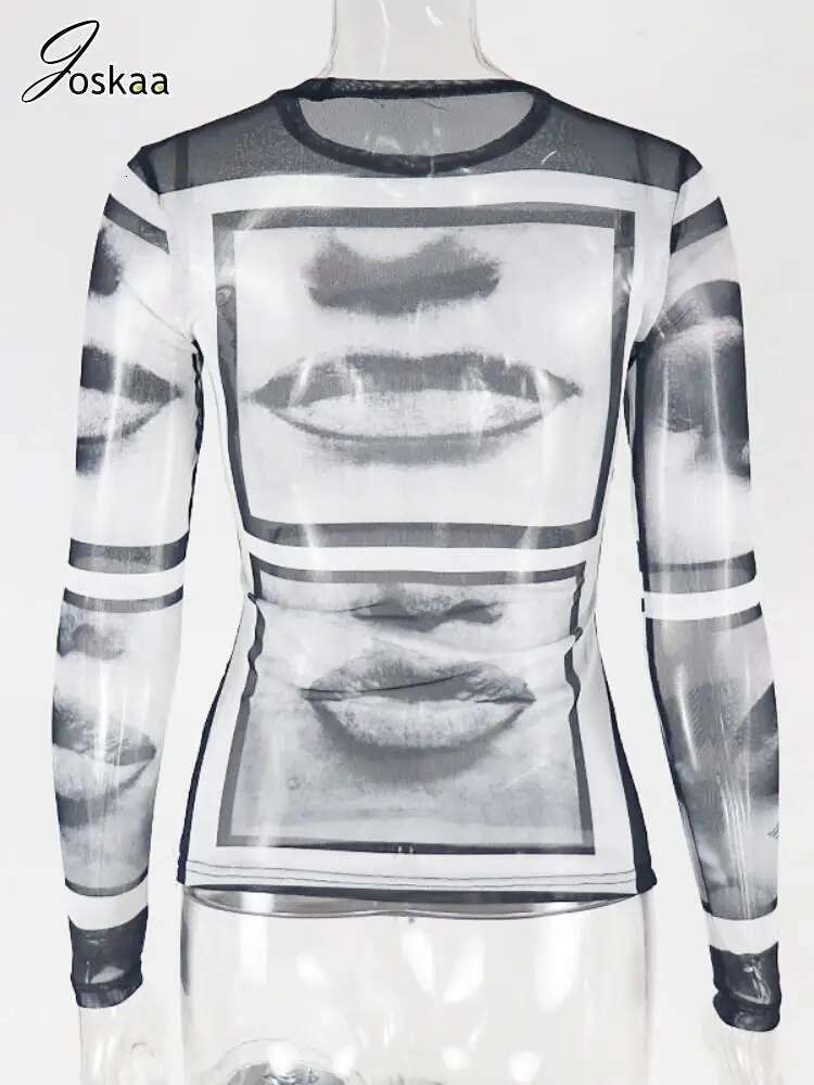 Joskaa Abstract Print Sheer Mesh Y2K T-Shirts Women Hipster O-Neck Full Sleeve Tops 2025 Summer Graphic Tees Midnight Clubwear