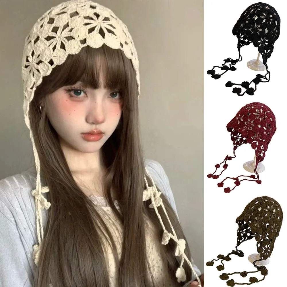 Fashion Handmade Crochet Hollow Knit Cap Women Girl Y2K Sweet Berets Retro Casual Turban Mesh Flower Pullover Hat Skullies Hat 250321